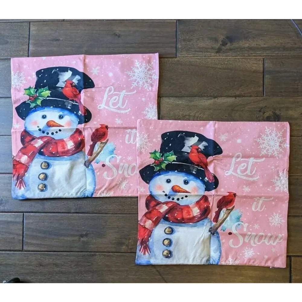 Set of Two Red Cardinal Christmas Pillow Covers Snowman Let It Snow Snowflake